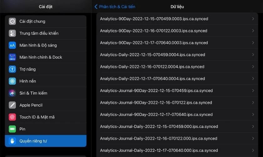 Các dữ liệu phân tích iPad sẽ hiển thị ở đây