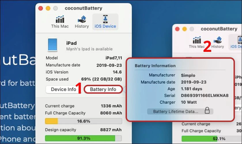 Chọn Battery Info, các thông tin về pin iPad của bạn sẽ được hiển thị đầy đủ