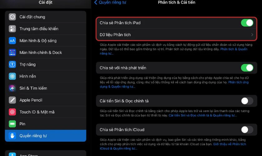 Bật công tắc mục Chia sẻ Phân tích iPad chuyển sang màu xanh