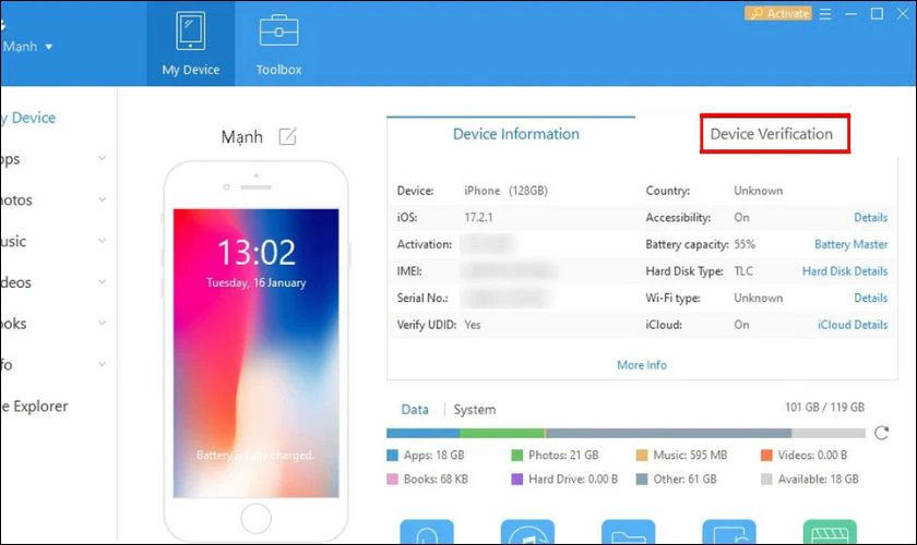 Mở iTools và chọn mục Device Verification