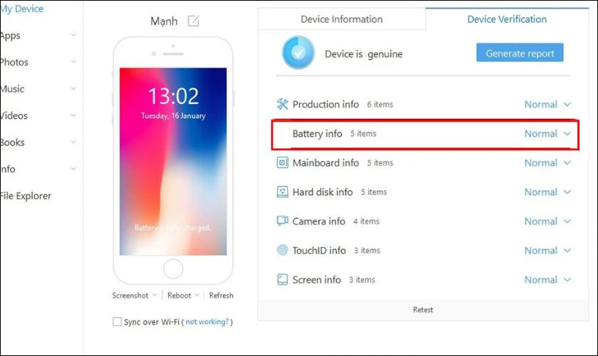 Kiểm tra pin iPhone có bị kích hay không bằng iTools
