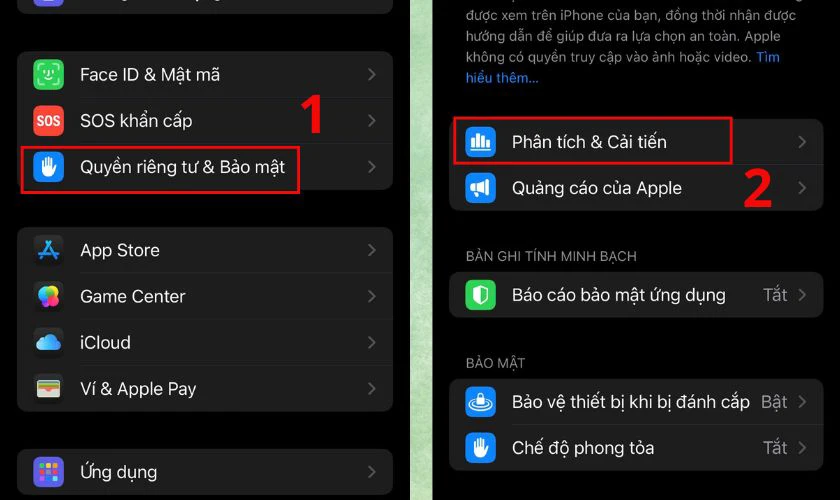 Vào cài đặt, chọn Quyền riêng tư & Bảo mật, chọn Phân tích & Cải tiến