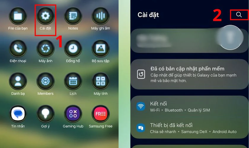 Vào Cài đặt trên điện thoại Samsung, sau đó nhấn vào biểu tượng kính lúp