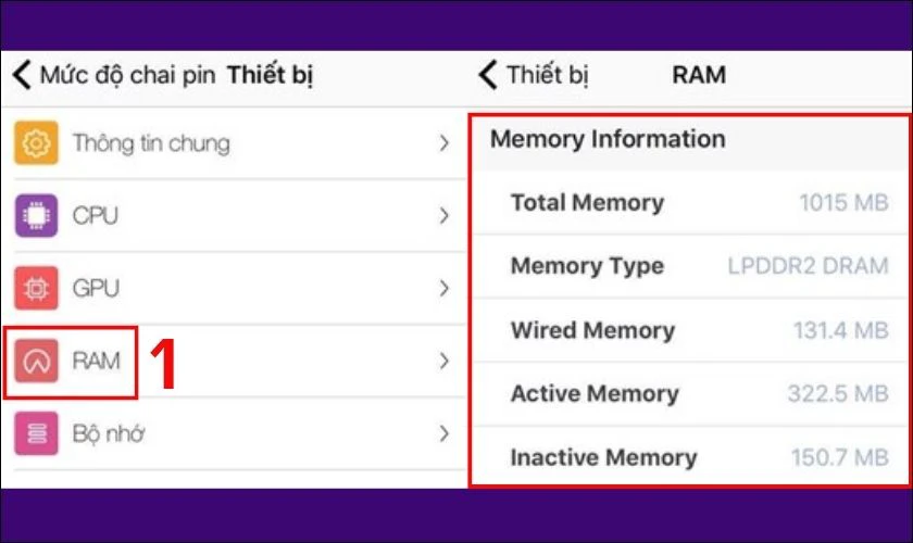 Nhấn vào RAM để xem thông tin RAM của điện thoại
