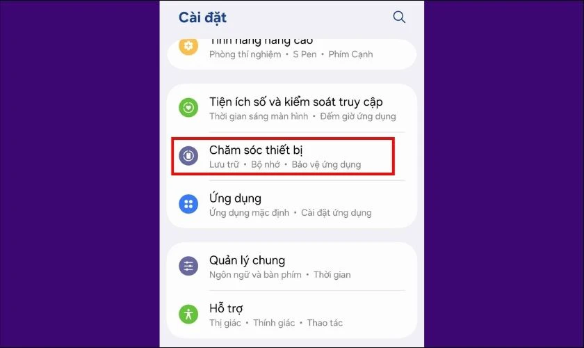 Vào phần Cài đặt trên điện thoại Android, chọn tiếp vào Chăm sóc thiết bị
