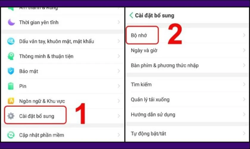 Vào Cài đặt trên thiết bị, chọn vào Cài đặt bổ sung, sau đó chọn mục Bộ nhớ