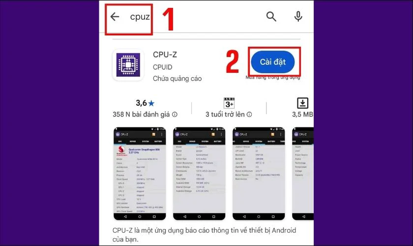 Vào Google Play trên thiết bị, nhấn tìm kiếm CPU-Z và chọn vào Cài đặt