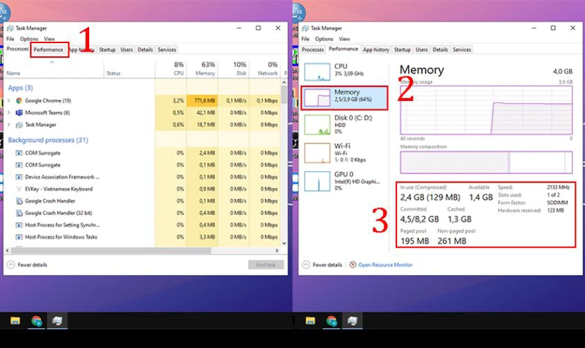 Kiểm tra thông tin RAM trong mục Performance