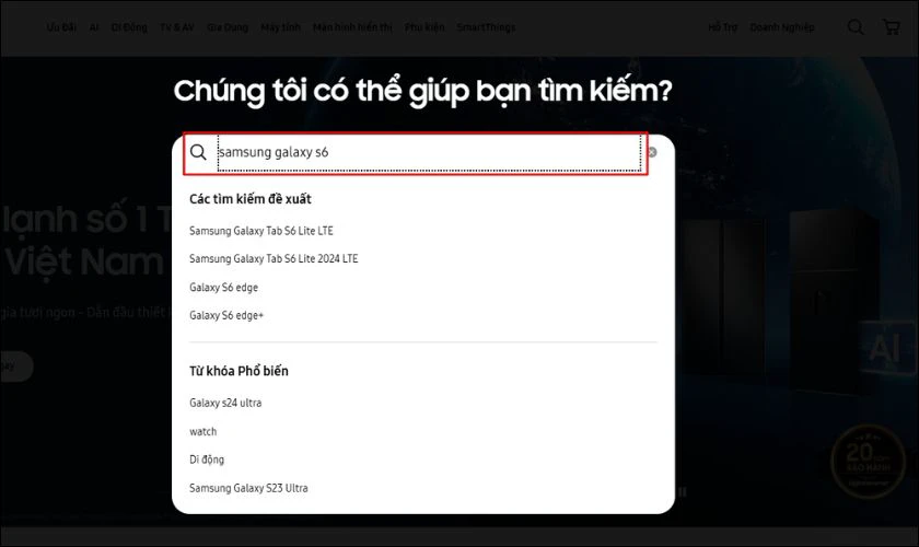 Sử dụng thanh tìm kiếm trên website và nhập tên hoặc mã model thiết bị của bạn