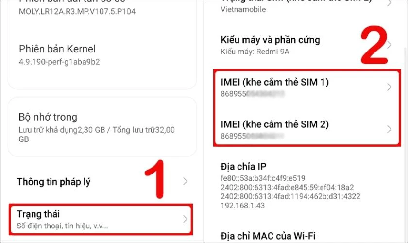 Tiếp tục chọn Trạng thái. Sau đó cuộn xuống dưới để tìm và kiểm tra mã số IMEI của điện thoại