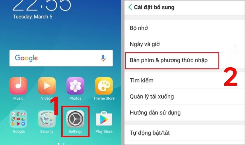 Vào Cài đặt và chọn Bàn phím và phương thức nhập