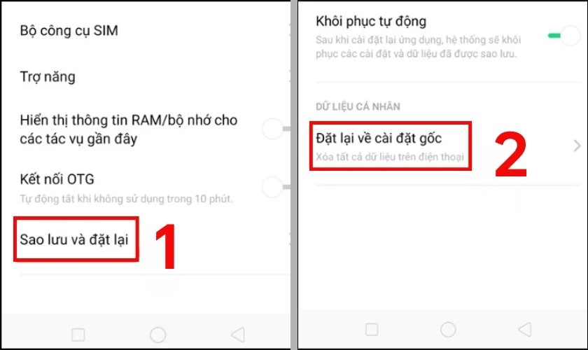 Nhấn Sao lưu & đặt lại, chọn Đặt lại về cài đặt gốc