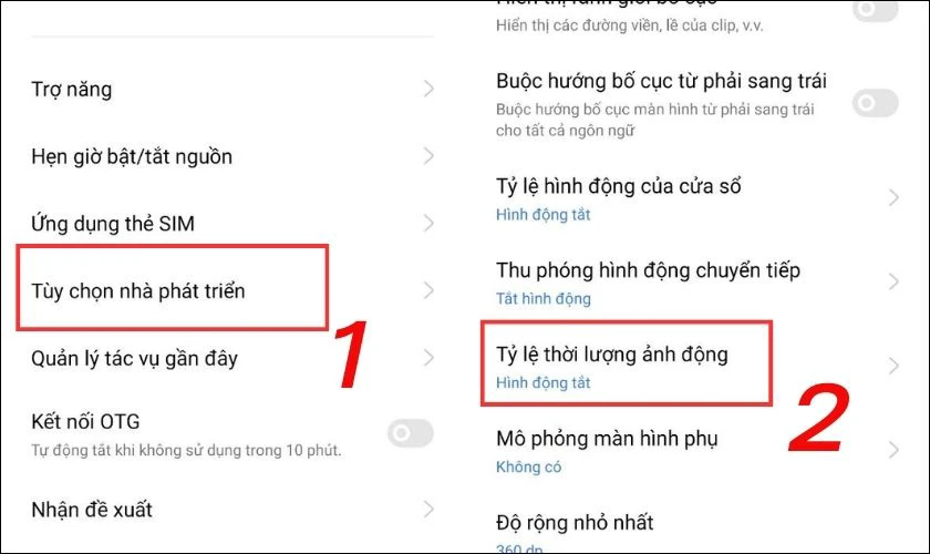 Chọn Tùy chọn nhà phát triển rồi tìm Tỷ lệ thời lượng ảnh động