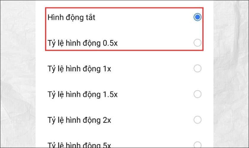Giảm xuống mức 0.5x hoặc tắt hoàn toàn nếu muốn