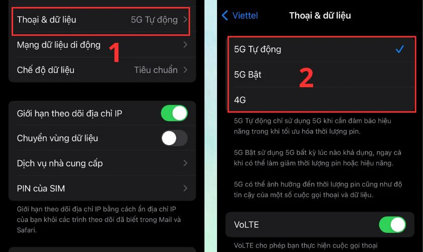 Chọn vào Thoại & Dữ liệu sau đó chọn vào mạng 4G hoặc 5G