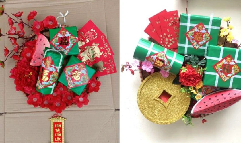 Cách làm mẹt trang trí Tết 2026 với bánh chưng và hoa đào