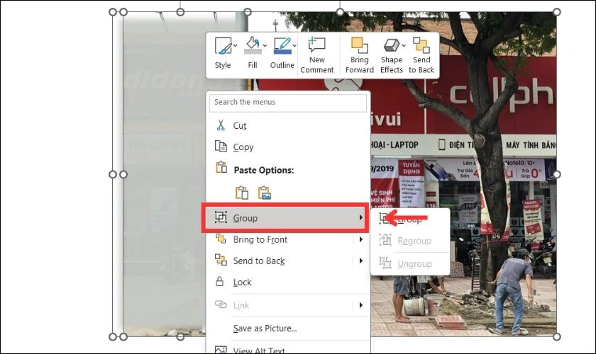 Click chuột phải và bấm vào Group
