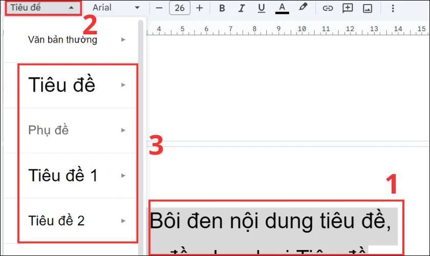 Bôi đen nội dung tiêu đề, chọn Tiêu đề, chọn loại Tiêu đề