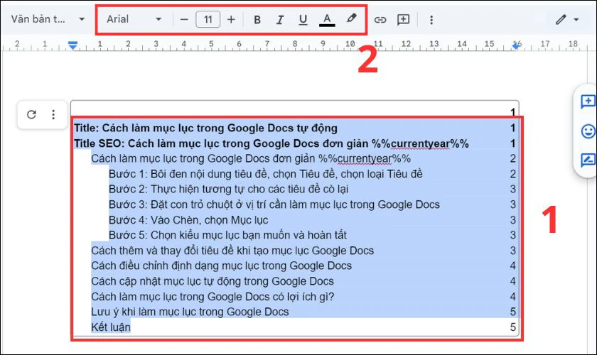 Cách điều chỉnh định dạng mục lục trong Google Docs