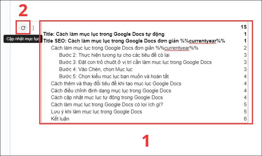 Cách cập nhật mục lục tự động trong Google Docs