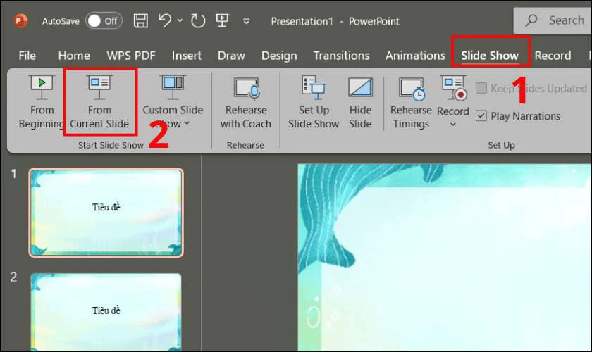 Nhấn tổ hợp phím Shift + F5 hoặc chọn Slide Show