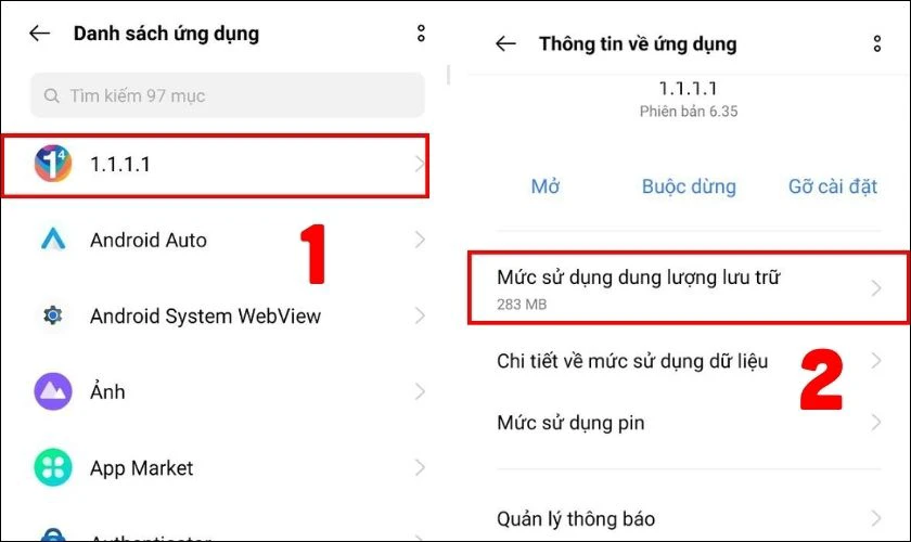 Trong danh sách chọn ứng dụng có bộ nhớ đệm và nhấn Mức sử dụng dung lượng lưu trữ