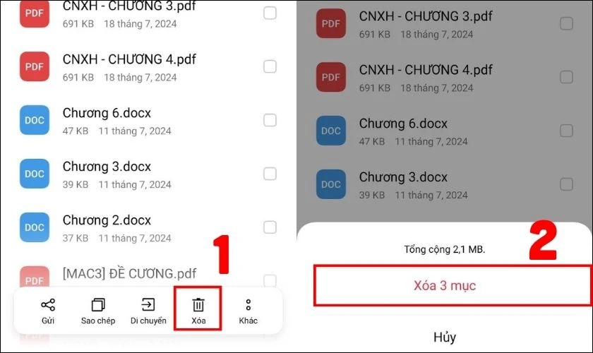 Chọn cái tệp, thư mục bạn muốn xóa rồi nhấn Xóa sau đó xác nhận xóa tệp
