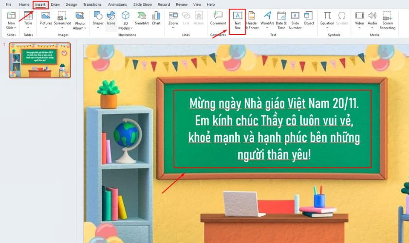 Cách làm thiệp 20/11 trên powerpoint: Thêm lời chúc