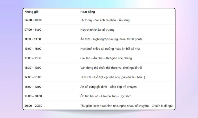 Mẫu thời gian biểu cho học sinh tiểu học