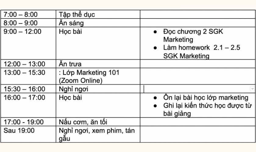 Kế hoạch theo tuần của sinh viên năm 4