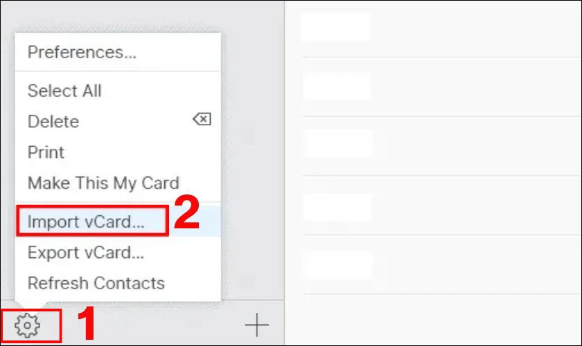 Bạn trở về Danh bạ và nhấn vào biểu tượng Cài đặt, ấn nút Import vCard