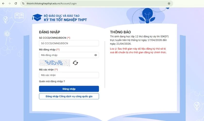Cách lấy lại mã đăng nhập thisinh.thithptquocgia.edu.vn