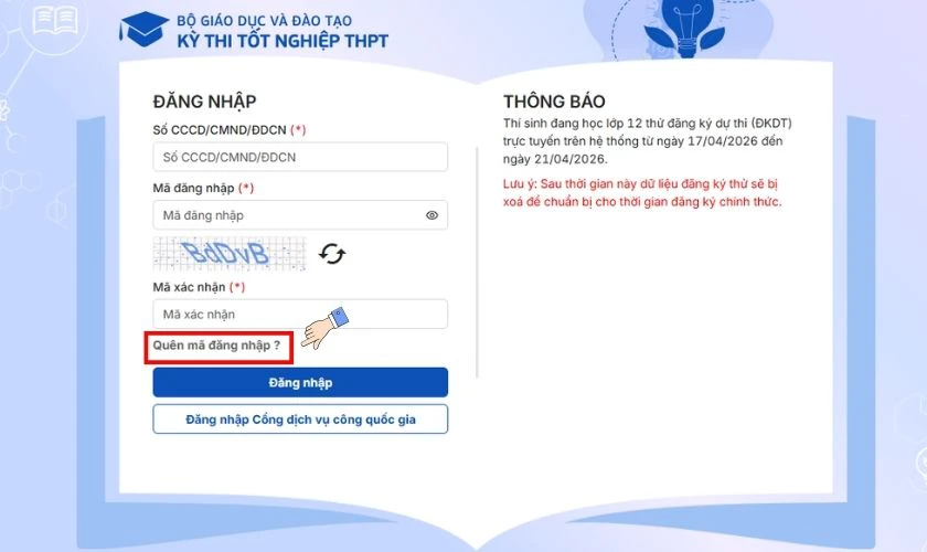 Cách lấy lại mã đăng nhập thisinh.thithptquocgia.edu.vn 2026