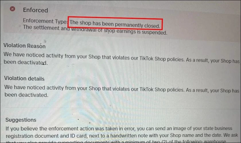 TikTok Seller bị cấm vĩnh viễn (Permanent Ban)