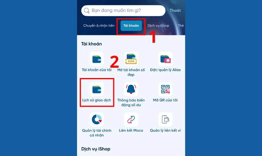 Sau đó lướt đến phần Tài Khoản