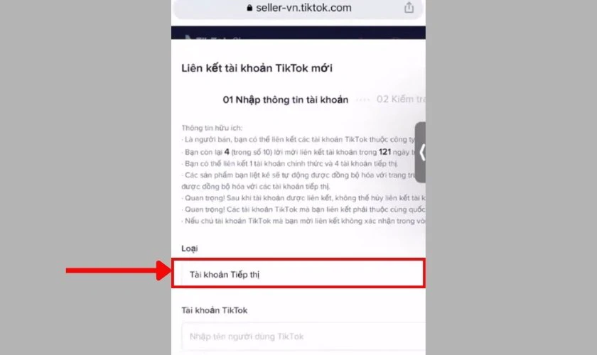 Chọn loại tài khoản là Tài khoản tiếp thị