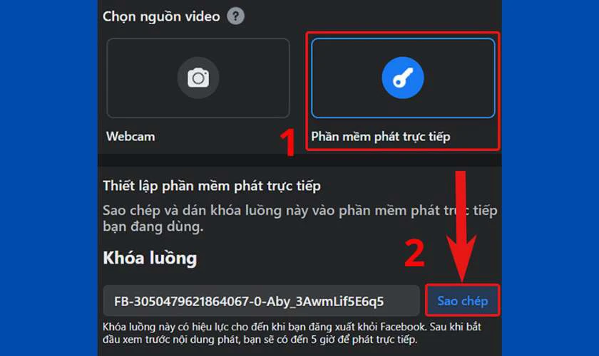 Chọn Phần mềm phát trực tiếp và sao chép Stream Key