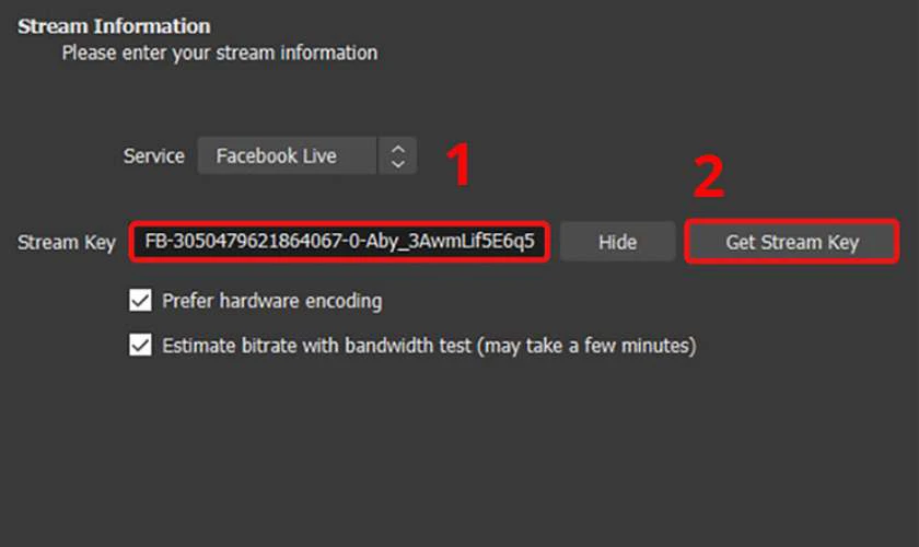 Quay lại OBS Studio, dán Stream Key