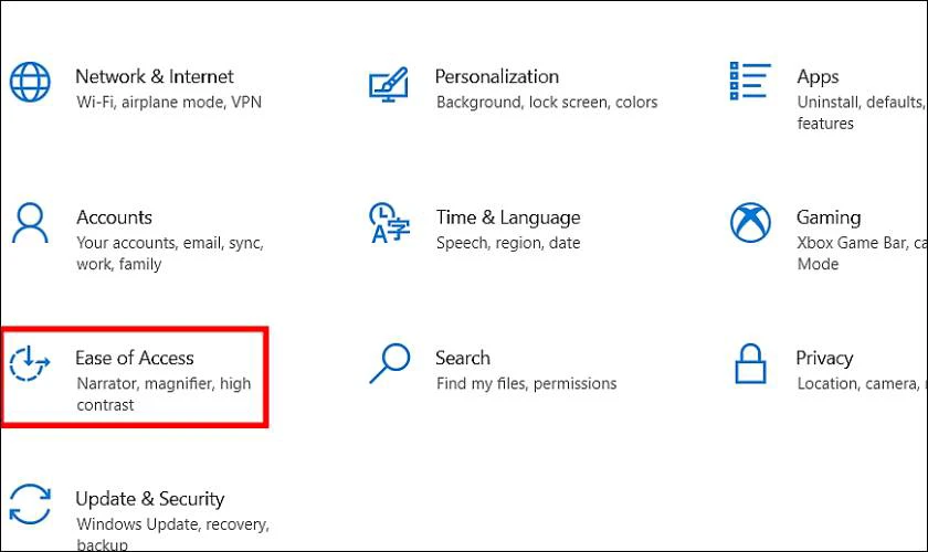 Trong cửa sổ Settings, bạn hãy chọn Ease of Access