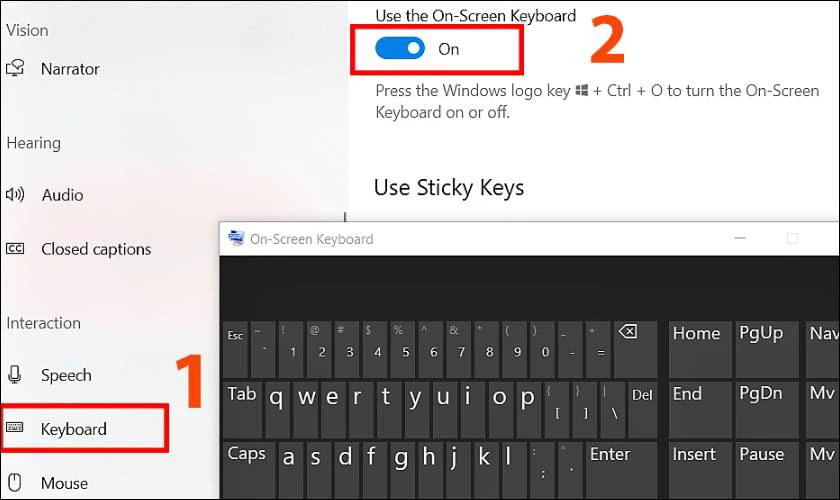 Chọn mục Keyboard, sau đó bật trạng thái ON