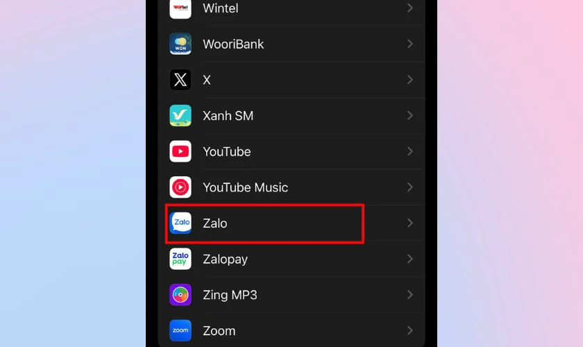 Kéo xuống và chọn ứng dụng Zalo