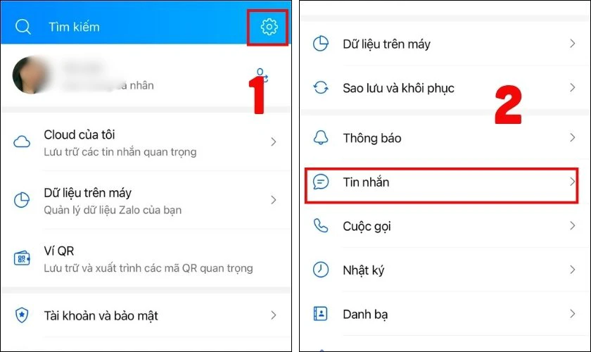 Nhấn vào biểu tượng Cài đặt (hình bánh răng), vào mục Tin nhắn