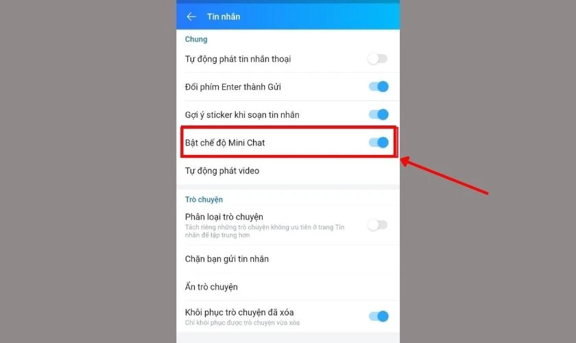 Tìm đến mục Bong bóng chat/ Bật chế độ Mini Chat