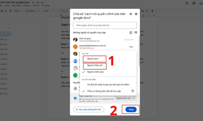 Chọn quyền “Người xem” (Viewer) hoặc “Người nhận xét” (Commenter)