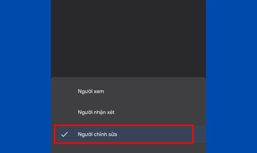 Đổi từ quyền "Người xem" (Viewer) thành quyền "Người chỉnh sửa" (Editor)
