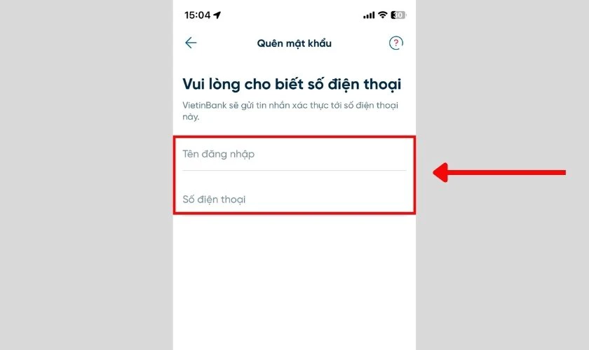 Nhập SĐT đã đăng ký với Vietinbank