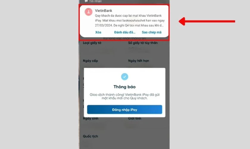 Mật khẩu mới VietinBank sẽ gửi cho bạn qua SMS