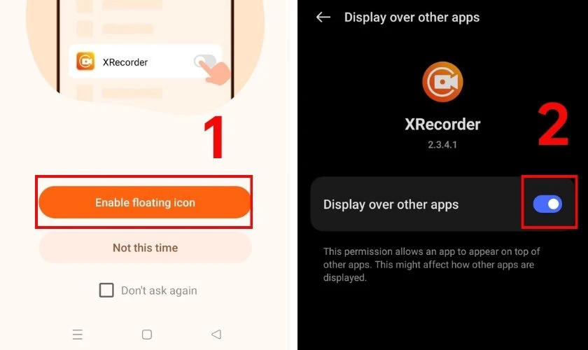 Cấp quyền cho ứng dụng tại Enable floating icon