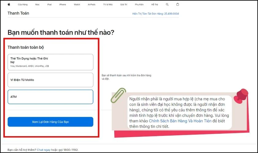 Chọn phương thức thanh toán và hình thức nhận hàng