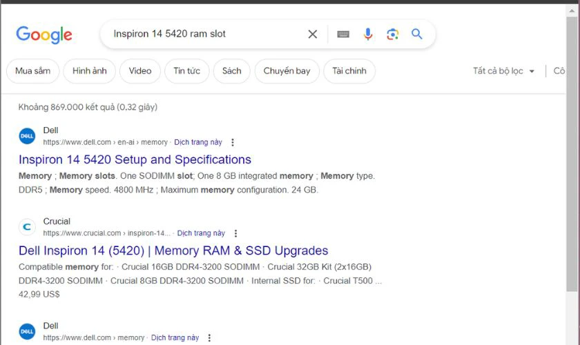 Search tên laptop của mình kèm theo cụm từ “RAM Slot”